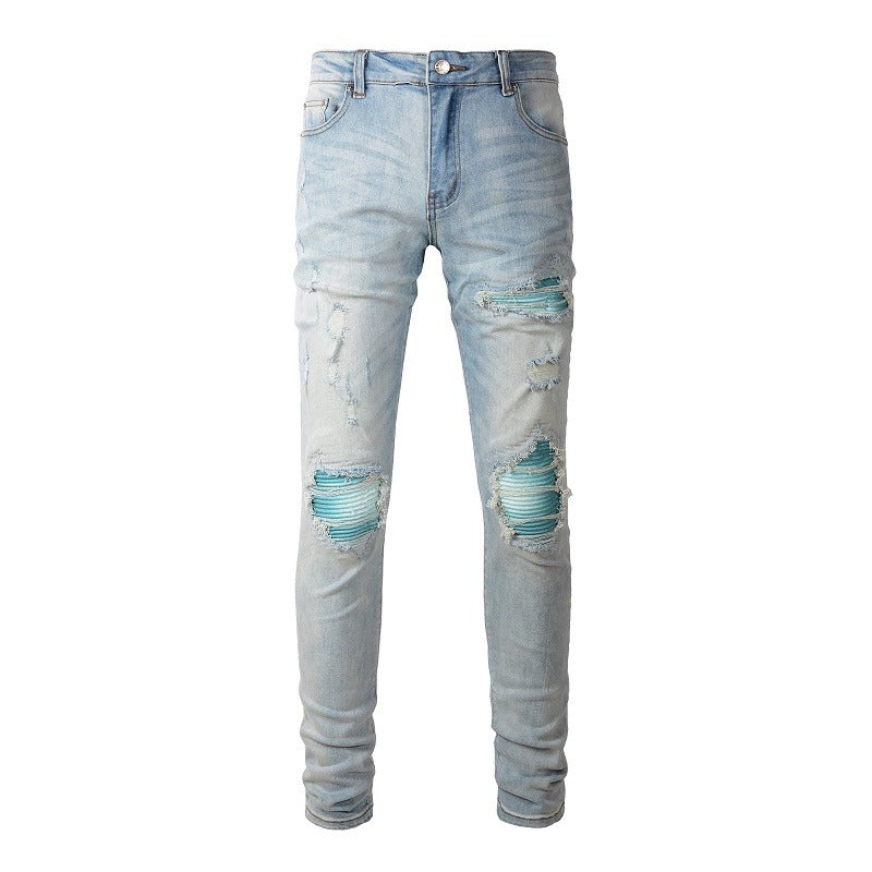 Baby Blue Water Patch Torn Jeans