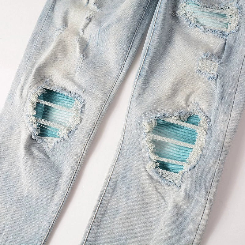Baby Blue Water Patch Torn Jeans
